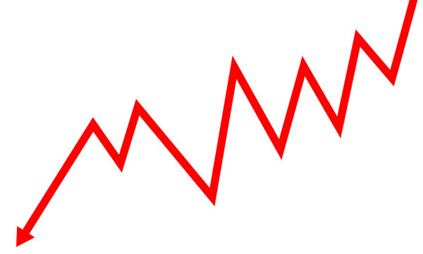 Red downward trending jagged arrow isolated on transparent background