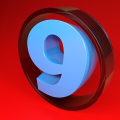 Number nine in a glass circle, on red background - 3D rendering illustration