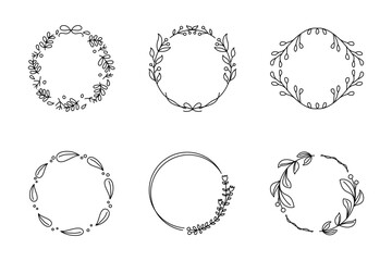 シンプルな線画のボタニカルフレームセット（線幅編集可能）