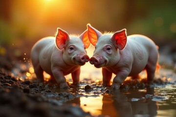 Golden hour bathes playful pigs wallowing in mud , pig, evening
