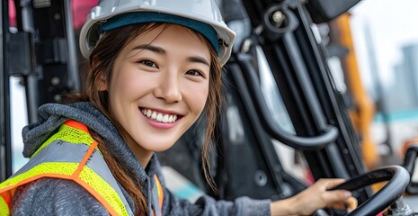 a smiling young japanese woman in a safety vest and hard hat is sitting behind the wheel of an industrial forklift, with her hands on its steering wheel