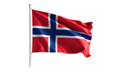 The vibrant flag, featuring a distinct Nordic cross design, billows gracefully against a stark black backdrop, showcasing its rich crimson, navy blue, and pristine white hues in a dynamic and...