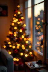 Golden hour bokeh, warm festive lights blur, cozy decor, golden, ambiance