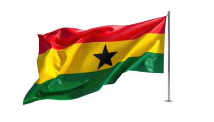 A vibrant flag displays vivid red, yellow, and green horizontal stripes with a central black star, billowing in the wind against a stark black backdrop, evoking patriotism and national pride.