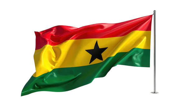 A vibrant flag displays vivid red, yellow, and green horizontal stripes with a central black star, billowing in the wind against a stark black backdrop, evoking patriotism and national pride. - Powered by Adobe