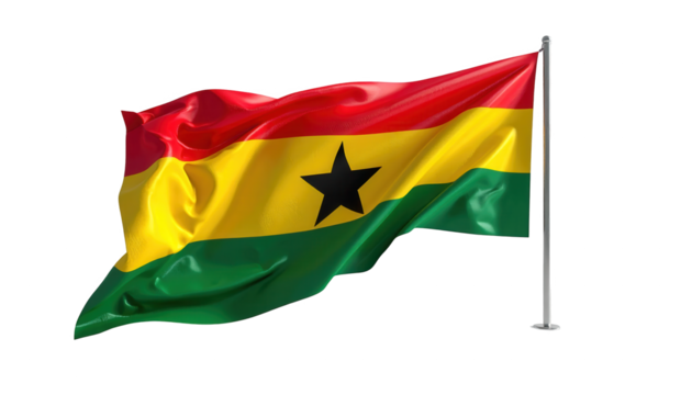 A vibrant flag displays vivid red, yellow, and green horizontal stripes with a central black star, billowing in the wind against a stark black backdrop, evoking patriotism and national pride.