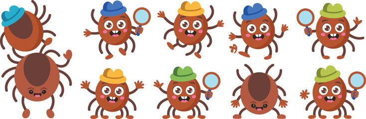 Cartoon Ticks Detectives Investigating Cases: Funny Acarus Characters Holding Magnifying Glasses & Wearing Hats, Searching for Clues in Nature, Educational Illustration, Microbiology, Veterinary Medic