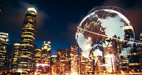 Nighttime city skyline with global network overlay showcasing urban growth - Powered by Adobe