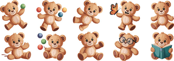Obraz premium Charming Teddy Bear Collection: A Variety of Adorable Poses and Activities, Perfect for Children's Books, Educational Materials, or Whimsical Decor, featuring Playful Expressions, Bright Colors, and H