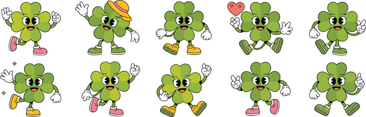 Retro Cartoon Clover Characters Expressing Luck and Happiness on White Background: Mascot Illustrations for St. Patrick's Day Celebrations, Vintage Style Graphics, Lucky Charm Emblems, Joyful Icons, S