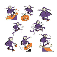 Retro-Style Halloween Vampire Skateboarder Vector Illustration Set, Candy Corn & Pumpkin Tricks, Playful Spooky Details, Vintage Colors, T-Shirt Ready