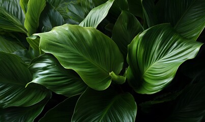 Fototapeta premium large green Spathiphyllum leaves, creating an abstract, textured background