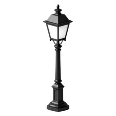 Ornate, black street lamp with illuminated, glowing white panes, designed with intricate architectural details, standing against a solid black background, evoking a sense of timelessness, elegance,...