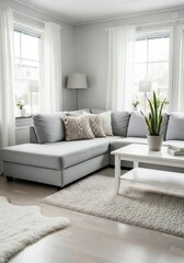 Bright modern living room showcasing a comfortable sectional and natural light filled interior