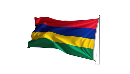 The flag, featuring horizontal stripes of red, blue, yellow, and green, gently waves against a contrasting black background.