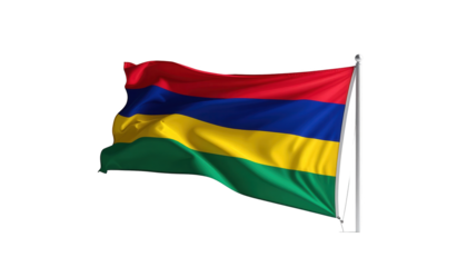 The flag, featuring horizontal stripes of red, blue, yellow, and green, gently waves against a contrasting black background.