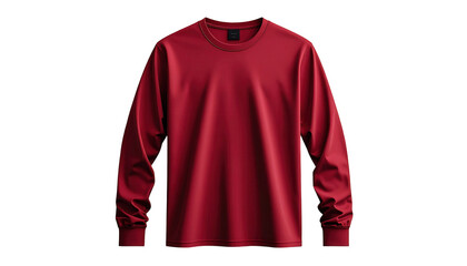 Displaying a long-sleeved shirt in a vibrant red hue against a stark black backdrop highlights its minimalist design and casual aesthetic, emphasizing the garment's structure and potential for...