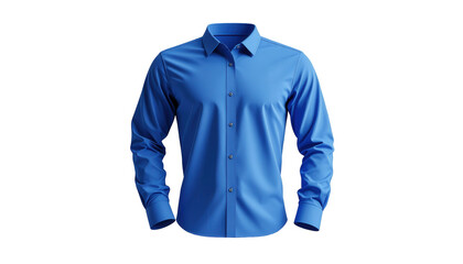 Stylish and modern blue dress shirt, featuring a classic button-down design with long sleeves and cuffs, isolated against a stark black background for a clean and professional presentation.