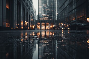 Urban street scene reflecting in a puddle
