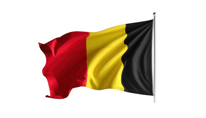 Vivid flag on a pole, featuring vertical stripes of red, yellow, and black, billowing gently in the breeze, creating a dynamic and symbolic representation against a solid dark backdrop.