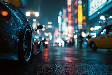 Night city street scene. Blurred urban cityscape