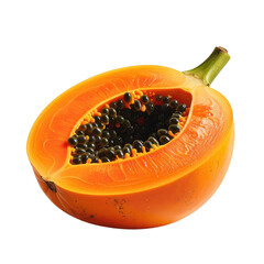 Vivid  shot showcases a fresh papaya fruit, cut open to reveal a vibrant orange flesh with a mass of dark seeds, set against a stark black background emphasizing the fruit's natural beauty.