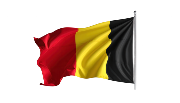 Vivid flag on a pole, featuring vertical stripes of red, yellow, and black, billowing gently in the breeze, creating a dynamic and symbolic representation against a solid dark backdrop.