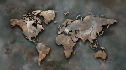 A large, abstract painting of the world with a grey background.Abstract world map with fractured metal textures, muted dark brown and grey palette, conceptual geopolitical scarcity - Powered by Adobe