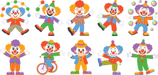 Playful Clowns Performing Circus Acts, Cartoon Characters in Vibrant Costumes and Makeup, Entertaining Children's Parties, Festivals, Fairs, Promoting Joy, Humor, Merriment, Colorful Graphic Design El