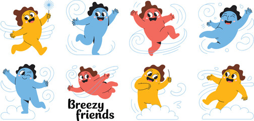 Playful Wind Friends Adventures: Cartoon Characters Dancing in Breezy Weather, Cute Monsters in Motion, Illustration for Children's Story, Graphic Design Elements, Cheerful Flying Figures, Whimsical
