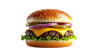 Freshly prepared burger with sesame seed bun featuring juicy beef patty, melted cheese, crisp lettuce, vibrant red onion, and pickles against a solid black background, offering a mouthwatering appeal.