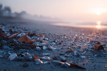 Misty beach sunrise