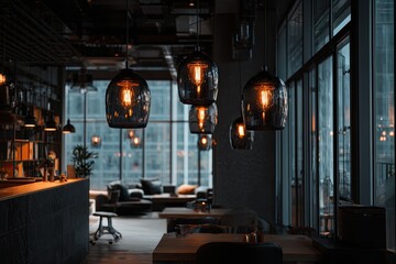 Industrial-chic cafe interior with warm lighting