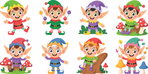 Festive Christmas Elves Characters Celebrating Holiday Season in Enchanted Forest: Cheerful Cartoon Illustrations for Children's Books, Animated Films, Marketing Campaigns, and Seasonal Greetings with