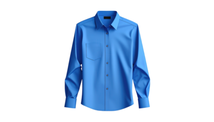Bright blue button-down shirt, perfectly centered, isolated against a stark black background, showcasing a classic collar, long sleeves, and a single chest pocket, creating a clean and modern visual.