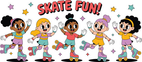 Obraz premium Happy Kids Roller Skating Together: Retro Style Active Fun with Diverse Cartoon Girls Enjoying Recreational Activity, Promoting Childhood Friendship, Illustration for Educational Materials, Website Gr