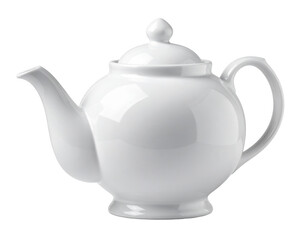 Classic white ceramic teapot with lid, handle, and spout, perfectly centered against a stark black background, showcasing the smooth, glossy surface, ideal for beverages and adding an elegant touch.
