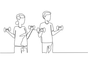 Single one line drawing pair of grandparents stands lifts barbell with both hands. Light barbell release stiffness. National Senior Health and Fitness Day. Continuous line design graphic illustration