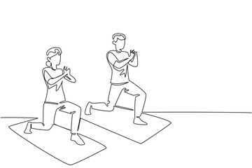 Single continuous line drawing a pair of grandparents are doing fitness on fitness mate. The excitement of sports together. National Senior Health and Fitness Day. One line design vector illustration