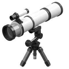 Detailed  shot presents a white telescope with black accents, mounted on a black tripod against a solid black background.