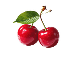 Vibrant, glistening red cherries with a single green leaf attached to stems, showcasing a fresh, juicy aesthetic against a stark black background.