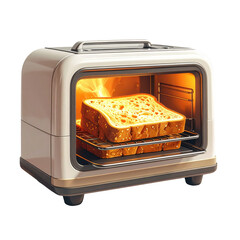 Warm light emanates from within a retro style toaster oven, illuminating two slices of golden toasted bread placed on a wire rack, creating a cozy and inviting breakfast scene against a deep black...
