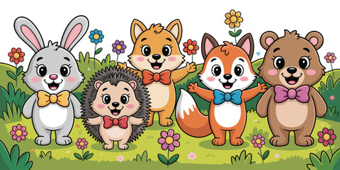 Adorable Cartoon Animals Posing in a Sunny Meadow Illustration with Vibrant Flowers, Perfect for Children's Education, Storybooks, and Creative Marketing Projects, Bringing Joy and Happiness with its