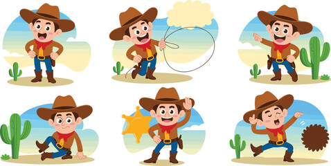 Cartoon Cowboy Character Set Illustrations: Energetic Young Boy in Traditional Western Outfits Posing with Lasso, Sheriff Badge & Cactus in Desert Scenery, Perfect for Children's Books, Education, Pla