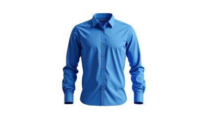 Stylish blue dress shirt on a solid black background, presenting a minimalist  shot showcasing the garment's design with button closure and collared neckline, providing ample copy space for visual...