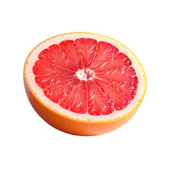 Juicy grapefruit half displayed with a vibrant,  view, showcasing the fruit's reddish-pink flesh against a stark black background.