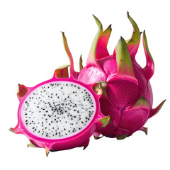 Vibrant dragon fruit, showcasing a magenta-pink outer skin and green accents, with a white interior speckled with tiny black seeds, displayed against a stark, black background.