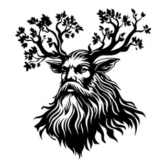 Forest spirit stag portrait silhouette vector – majestic deer head with branch antlers and flowing beard, fantasy woodland nature guardian icon