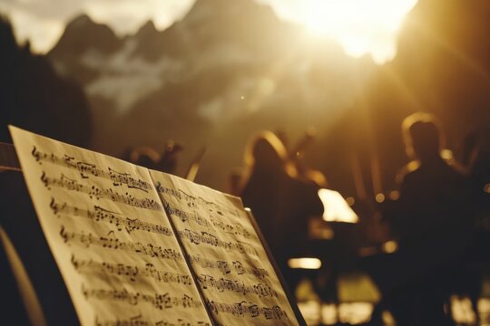 Classical music performance at sunset mountains outdoor concert nature close-up serenity and harmony