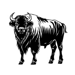 Buffalo bull silhouette vector – strong long‑haired bison with curved horns, wild prairie animal illustration